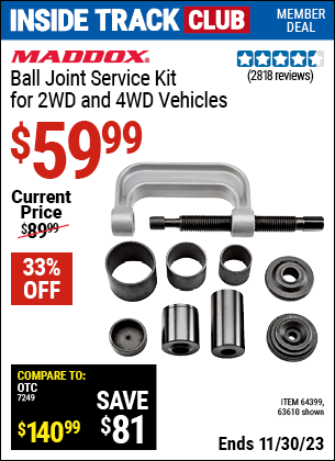 Inside Track Club members can buy the MADDOX Ball Joint Service Kit for 2WD and 4WD Vehicles (Item 63610/64399) for $59.99, valid through 11/30/2023.