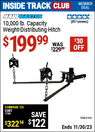Inside Track Club members can buy the HAUL-MASTER 10000 Lbs. Capacity Weight-Distributing Hitch (Item 67649) for $199.99, valid through 11/30/2023.