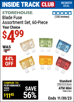 Inside Track Club members can buy the STOREHOUSE ATM Mini Blade Fuse Set 60 Pc. (Item 67664/63310) for $4.99, valid through 11/30/2023.