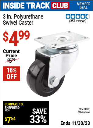 Inside Track Club members can buy the 3 in. Polyurethane Light Duty Swivel Caster (Item 69848/61762) for $4.99, valid through 11/30/2023.