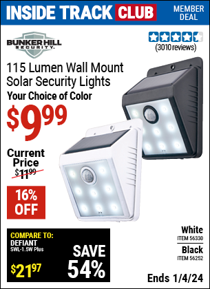 Inside Track Club members can buy the BUNKER HILL SECURITY Wall Mount Security Light (Item 56252/56330) for $9.99, valid through 1/4/2024.