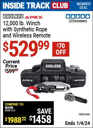 Inside Track Club members can buy the BADLAND APEX 12000 lb. Winch with Synthetic Rope and Wireless Remote (Item 56385) for $529.99, valid through 1/4/2024.