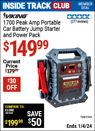 Inside Track Club members can buy the VIKING 1700 Peak Amp Portable Jump Starter and Power Pack (Item 57044) for $149.99, valid through 1/4/2024.