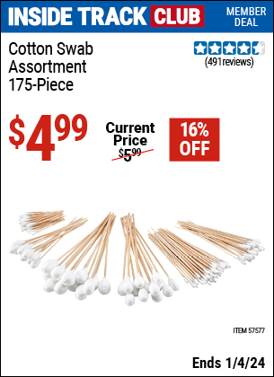 Inside Track Club members can buy the Cotton Swab Assortment (Item 57577) for $4.99, valid through 1/4/2024.