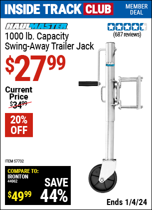 Inside Track Club members can buy the HAUL-MASTER 1000 lb. Swing-Back Bolt-On Trailer Jack (Item 57732) for $27.99, valid through 1/4/2024.