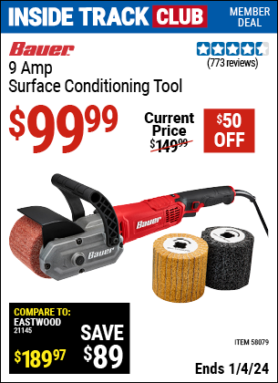 Inside Track Club members can buy the BAUER 9 Amp Surface Conditioning Tool (Item 58079) for $99.99, valid through 1/4/2024.