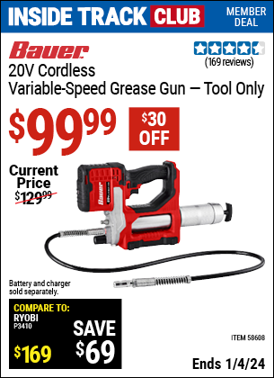 BAUER 20V Cordless Variable-Speed Grease Gun — Tool Only for $99.99 ...