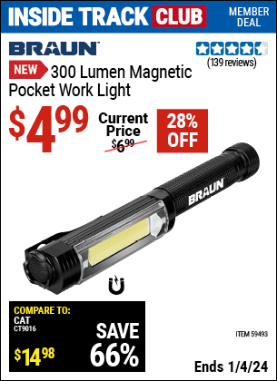 Coupons for BRAUN 300 Lumen Magnetic Pocket Work Light for $4.99