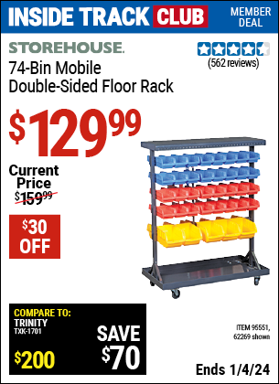 Inside Track Club members can buy the STOREHOUSE 74 Bin Mobile Double-Sided Floor Rack (Item 62269/95551) for $129.99, valid through 1/4/2024.