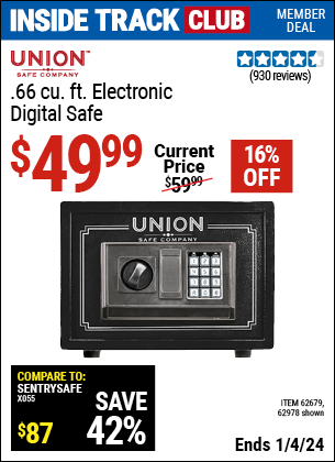 Inside Track Club members can buy the UNION SAFE COMPANY 0.66 cu. ft. Electronic Digital Safe (Item 62978/62679) for $49.99, valid through 1/4/2024.