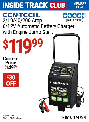Inside Track Club members can buy the CEN-TECH 2/10/40/200 Amp, 6/12V Automatic Battery Charger with Engine Jump Start (Item 63423/63873/56422) for $119.99, valid through 1/4/2024.