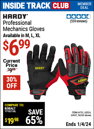 Inside Track Club members can buy the HARDY Professional Mechanics Gloves (Item 64947/64731/62524/56249) for $6.99, valid through 1/4/2024.