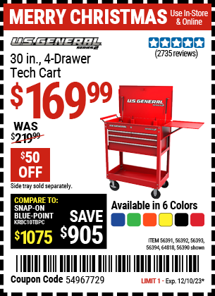 Buy the U.S. GENERAL 30 in., 4-Drawer Tech Cart (Item 64818/56391/56387/56392/56393/56394/64818) for $169.99, valid through 12/10/2023.