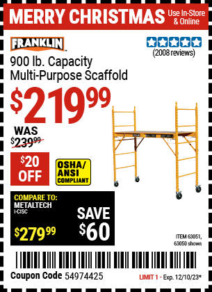 Buy the FRANKLIN 900 lb. Multi-Purpose Scaffold (Item 63050/63051) for $219.99, valid through 12/10/2023.