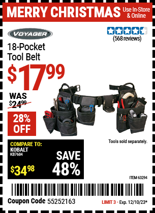 Buy the VOYAGER 18 Pocket Heavy Duty Tool Belt (Item 63294) for $17.99, valid through 12/10/2023.