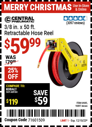 Buy the CENTRAL PNEUMATIC 3/8 in. X 50 ft. Retractable Hose Reel (Item 93897/64685) for $69.99, valid through 12/10/2023.