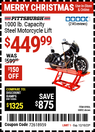 Buy the PITTSBURGH 1000 lb. Steel Motorcycle Lift (Item 68892/69904) for $449.99, valid through 12/10/2023.