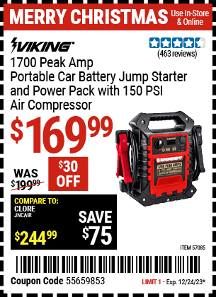 Buy the VIKING 1700 Peak Amp Portable Jump Starter And Power Pack With 250 PSI Air Compressor (Item 57085) for $169.99, valid through 12/24/2024.