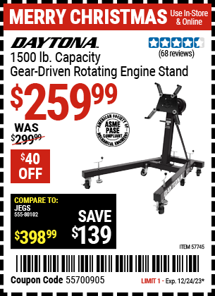 Buy the DAYTONA 1500 lb. Capacity Gear Driven Rotating Engine Stand (Item 57745) for $259.99, valid through 12/24/2024.