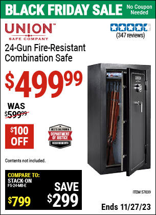 Buy the UNION SAFE COMPANY 24 Gun Fire Resistant Combination Safe (Item 57039) for $499.99, valid through 11/27/2023.