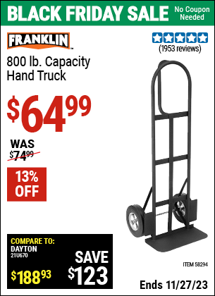 Buy the FRANKLIN 800 lb. Capacity Hand Truck (Item 58294) for $64.99, valid through 11/27/2023.