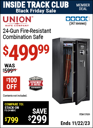 Inside Track Club members can buy the UNION SAFE COMPANY 24 Gun Fire Resistant Combination Safe (Item 57039) for $499.99, valid through 11/22/2023.