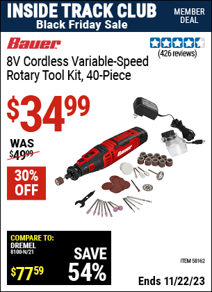 Inside Track Club members can buy the BAUER 8V Cordless Variable Speed Rotary Tool Kit (Item 58162) for $34.99, valid through 11/22/2023.