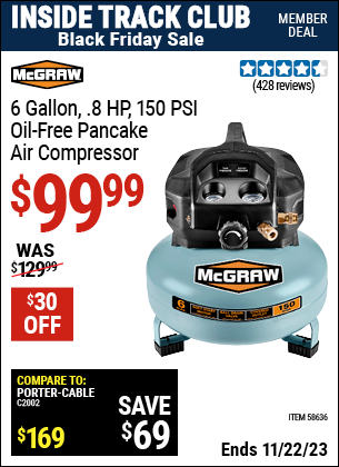 Inside Track Club members can buy the MCGRAW 6 gallon 0.8 HP 150 PSI Oil Free Pancake Air Compressor (Item 58636) for $99.99, valid through 11/22/2023.