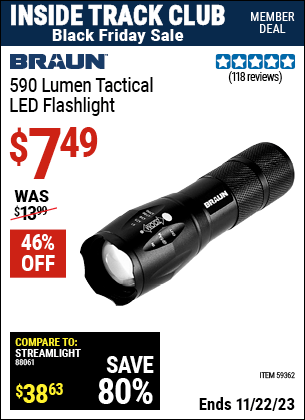 Inside Track Club members can buy the BRAUN 590 Lumen Tactical LED Flashlight (Item 59362) for $7.49, valid through 11/22/2023.