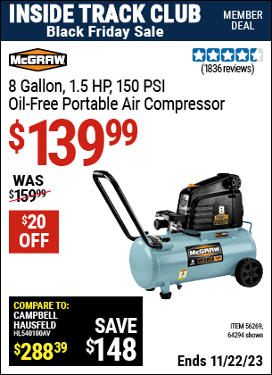 Inside Track Club members can buy the MCGRAW 8 Gallon 1.5 HP 150 PSI Oil-Free Portable Air Compressor (Item 64294/56269) for $139.99, valid through 11/22/2023.