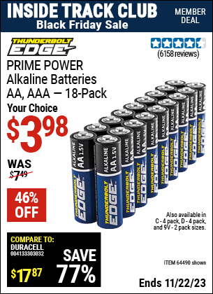 Inside Track Club members can buy the THUNDERBOLT EDGE Alkaline Batteries (Item 64490/64490/64491/64492/64493) for $3.98, valid through 11/22/2023.