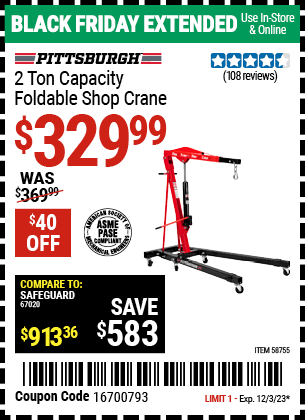 Buy the PITTSBURGH 2 Ton-Capacity Foldable Shop Crane (Item 58755) for $329.99, valid through 12/3/2023.