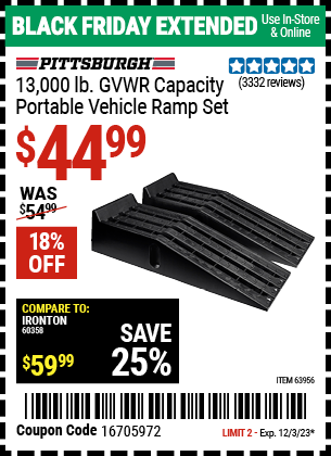 Buy the PITTSBURGH AUTOMOTIVE 13000 lb. Portable Vehicle Ramp Set (Item 63956) for $44.99, valid through 12/3/2023.