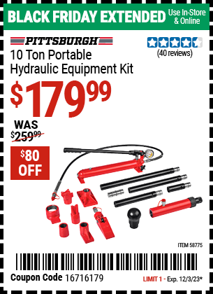Buy the PITTSBURGH 10 Ton Portable Hydraulic Equipment Kit (Item 58775) for $179.99, valid through 12/3/2023.