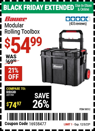 Buy the BAUER Modular Rolling Tool Box (Item 58512) for $54.99, valid through 12/3/2023.