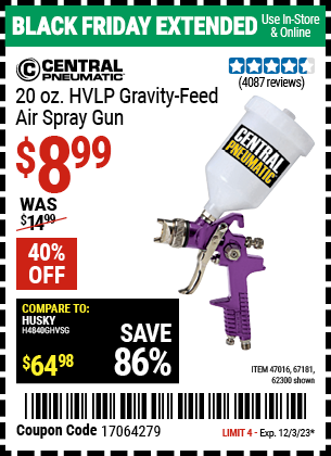 Buy the CENTRAL PNEUMATIC 20 oz. HVLP Gravity Feed Air Spray Gun (Item 62300/47016/67181) for $8.99, valid through 12/3/2023.