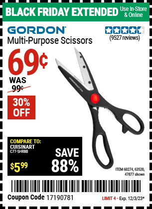 Buy the GORDON Multipurpose Scissors (Item 47877/60274/63520) for $0.69, valid through 12/3/2023.