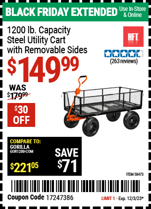 Buy the HFT 1200 lb. Capacity Steel Utility Cart with Removable Sides (Item 58473) for $149.99, valid through 12/3/2023.