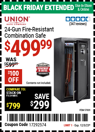 Buy the UNION SAFE COMPANY 24 Gun Fire Resistant Combination Safe (Item 57039) for $499.99, valid through 12/3/2023.