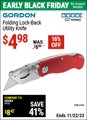 Buy the GORDON Lock-Back Utility Knife (Item 57948) for $4.98, valid through 11/22/2023.
