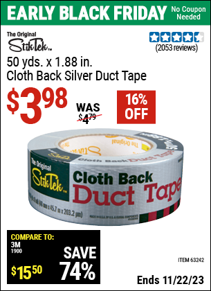 Buy the STIKTEK 50 Yds. x 1.88 in. Cloth Back Silver Duct Tape (Item 63242) for $3.98, valid through 11/22/2023.