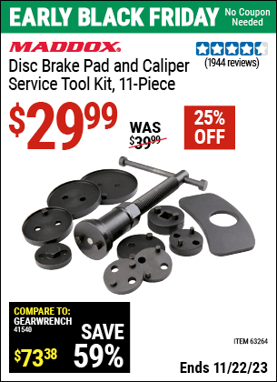 Buy the MADDOX Disc Brake Pad and Caliper Service Tool Kit 11 Pc. (Item 63264) for $29.99, valid through 11/22/2023.