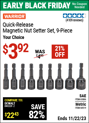 Buy the WARRIOR SAE Quick Release Magnetic Nutsetter Set 9 Pc. (Item 65806/68519) for $3.92, valid through 11/22/2023.