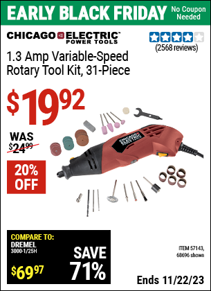 Buy the CHICAGO ELECTRIC Heavy Duty Variable Speed Rotary Tool Kit 31 Pc. (Item 68696/57143/57226) for $19.92, valid through 11/22/2023.