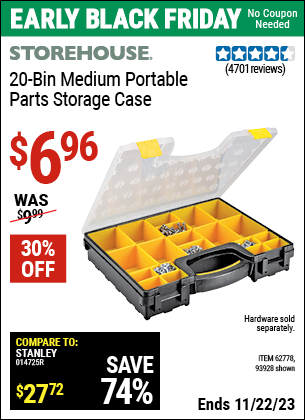 Buy the STOREHOUSE 20-Bin Medium Portable Parts Storage Case (Item 93928/62778) for $6.96, valid through 11/22/2023.