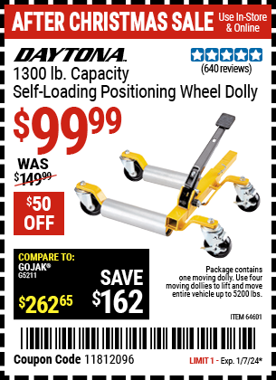 Buy the DAYTONA 1300 lb. Self-Loading Positioning Wheel Dolly (Item 64601) for $99.99, valid through 1/7/24.