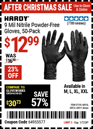Buy the HARDY 9 mil Nitrile Powder-Free Gloves, 50 Pack (Item 68510) for $12.99, valid through 1/7/24.
