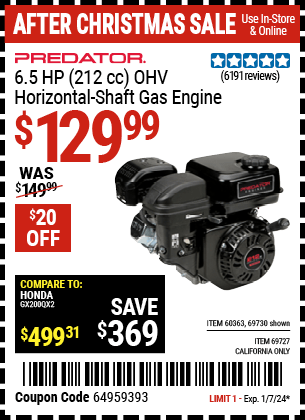 Buy the PREDATOR ENGINES 6.5 HP (212cc) OHV Horizontal-Shaft Gas Engine (Item 69727/60363) for $129.99, valid through 1/7/24.