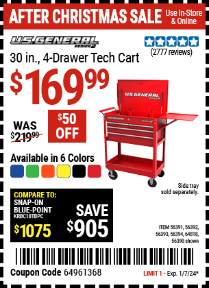Buy the U.S. GENERAL 30 in. , 4-Drawer Tech Cart (Item 64818) for $169.99, valid through 1/7/24.