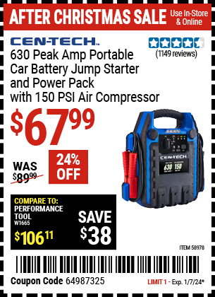 Buy the CEN-TECH 630 Peak Amp Portable Jump Starter and Power Pack with 250 PSI Air Compressor (Item 58978) for $67.99, valid through 1/7/24.